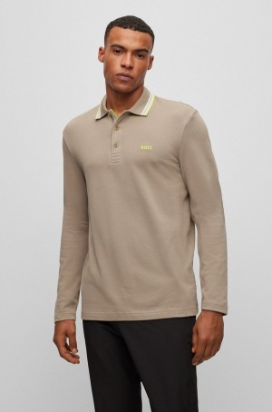 Camisa Polo Hugo Boss Long-sleeved Algodon-piqué With Contrast Logo Hombre Kaki | 23618-USCV