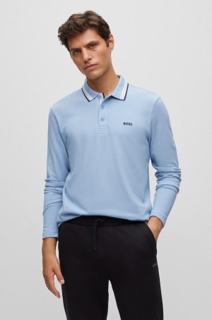 Camisa Polo Hugo Boss Long-sleeved Algodon-piqué With Contrast Logo Hombre Azules Claro | 24069-JUAD