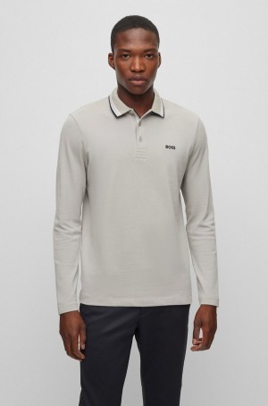 Camisa Polo Hugo Boss Long-sleeved Algodon-piqué With Contrast Logo Hombre Grises Claro | 12754-QLTE
