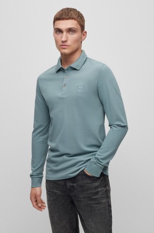 Camisa Polo Hugo Boss Long-sleeved Slim-fit With Logo Patch Hombre Azules | 18957-LFSM