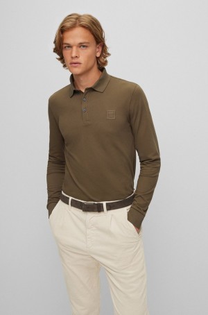 Camisa Polo Hugo Boss Long-sleeved Slim-fit With Logo Patch Hombre Verdes Oscuro | 32108-QVHM