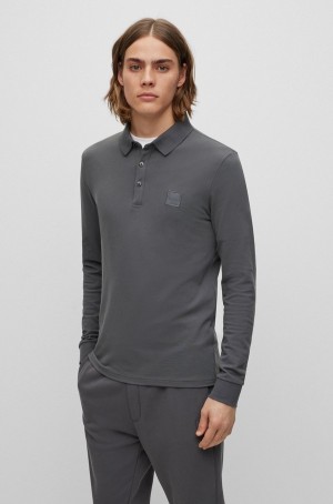 Camisa Polo Hugo Boss Long-sleeved Slim-fit With Logo Patch Hombre Grises Oscuro | 07412-UFCJ