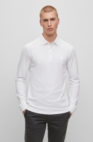 Camisa Polo Hugo Boss Long-sleeved Slim-fit With Logo Patch Hombre Blancos | 41378-OASF