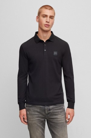 Camisa Polo Hugo Boss Long-sleeved Slim-fit With Logo Patch Hombre Negros | 16527-ZYNX