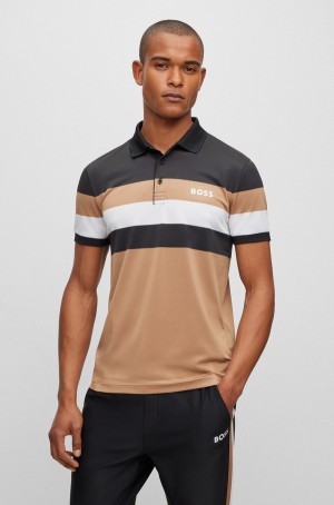 Camisa Polo Hugo Boss Matteo Berrettini Slim-fit A Rayas Hombre Beige | 71293-CJDF