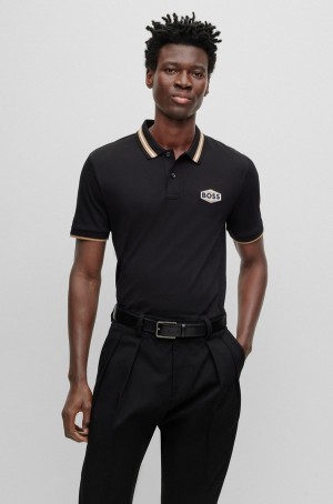 Camisa Polo Hugo Boss Mercerised-cotton With Logo Badge Hombre Negros | 94076-TPQC