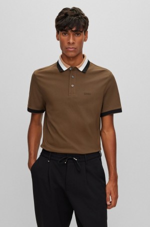 Camisa Polo Hugo Boss Mercerised-cotton With Signature-stripe Collar Hombre Marrom Oscuro | 12560-VOQI