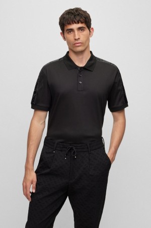 Camisa Polo Hugo Boss Mercerised-cotton With Monogram-jacquard Trim Hombre Negros | 58326-KAVR