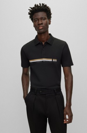 Camisa Polo Hugo Boss Mercerised-cotton With Signature Stripe And Logos Hombre Negros | 65791-BIOC