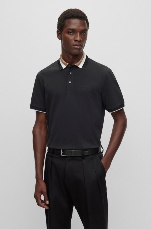 Camisa Polo Hugo Boss Mercerised-cotton With Signature-stripe Collar Hombre Negros | 72964-NYTH
