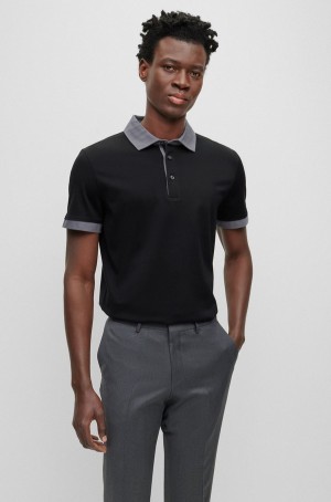 Camisa Polo Hugo Boss Regular-fit In Mercerised Algodon Hombre Negros | 32015-MLYI