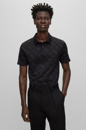Camisa Polo Hugo Boss Regular-fit With Monogram Jacquard Hombre Negros | 96148-CFUY