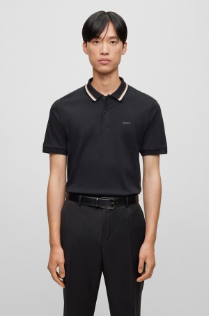 Camisa Polo Hugo Boss Slim-fit In Algodon With A Rayas Collar Hombre Negros | 49180-KNYH