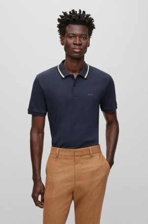Camisa Polo Hugo Boss Slim-fit In Algodon With A Rayas Collar Hombre Azules Oscuro | 09417-SNJB