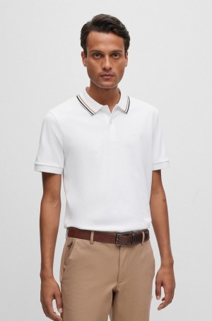 Camisa Polo Hugo Boss Slim-fit In Algodon With A Rayas Collar Hombre Blancos | 64735-MOUX