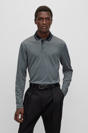 Camisa Polo Hugo Boss Slim-fit Long-sleeved With Woven Pattern Hombre Grises Oscuro | 91832-TIGL