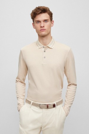 Camisa Polo Hugo Boss Slim-fit Long-sleeved With Woven Pattern Hombre Beige Claro | 75384-YNMZ