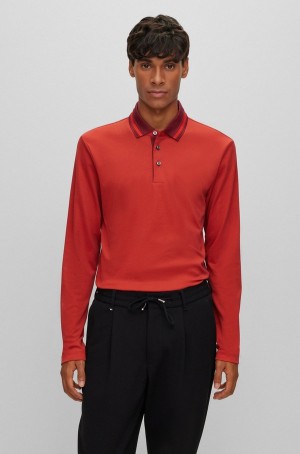 Camisa Polo Hugo Boss Slim-fit Long-sleeved With Woven Pattern Hombre Rojos | 79540-WEYT