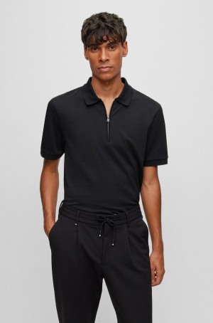 Camisa Polo Hugo Boss Slim-fit Mercerised-cotton With Zipped Placket Hombre Negros | 57143-BYUN