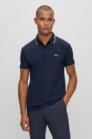 Camisa Polo Hugo Boss Stretch-cotton Slim-fit With Curved Logo Hombre Azules Oscuro | 31804-KIUO