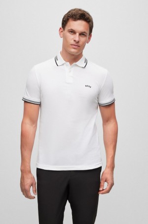 Camisa Polo Hugo Boss Stretch-cotton Slim-fit With Curved Logo Hombre Blancos | 81042-ZNEJ
