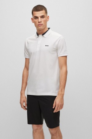 Camisa Polo Hugo Boss Stretch-cotton Slim-fit With Logo Inserts Hombre Blancos | 14568-BIMQ