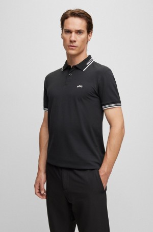 Camisa Polo Hugo Boss Stretch-cotton Slim-fit With Curved Logo Hombre Negros | 14069-YOWB