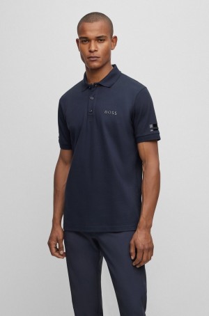 Camisa Polo Hugo Boss Stretch-cotton With Foil-print Logo Hombre Azules Oscuro | 41057-MYSK