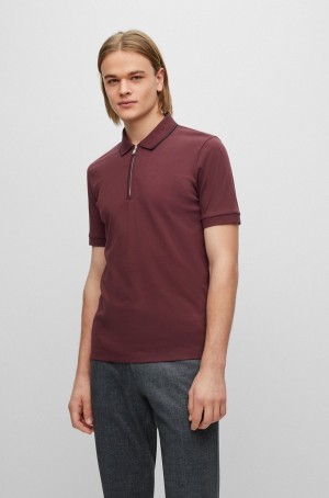 Camisa Polo Hugo Boss Zip-neck Slim-fit In Interlock Algodon Hombre Rojos Oscuro | 30584-NFLS