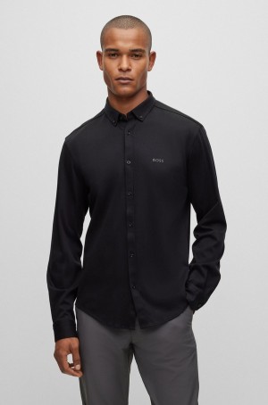 Camisas Hugo Boss Button-down Regular-fit In Algodon Hombre Negros | 16984-AMNK