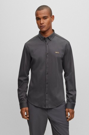 Camisas Hugo Boss Button-down Regular-fit In Algodon Piqué Hombre Grises Oscuro | 01467-QZJA