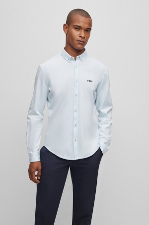 Camisas Hugo Boss Button-down Regular-fit In Algodon Piqué Hombre Azules Claro | 57309-TPIM