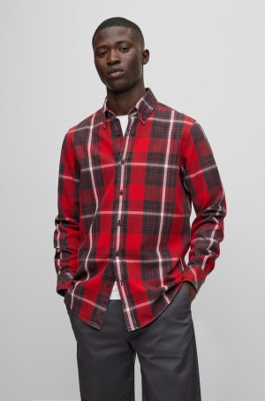 Camisas Hugo Boss Button-down Regular-fit In Checked Algodon Hombre Rojos | 46170-UNAY