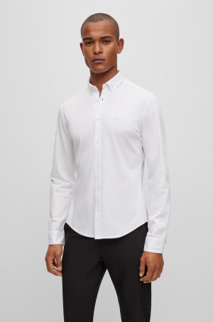 Camisas Hugo Boss Button-down Regular-fit In Algodon Piqué Hombre Blancos | 40879-VPFT