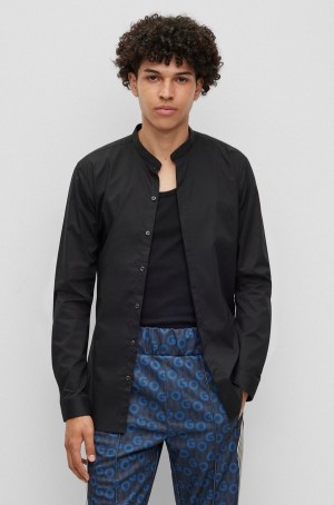 Camisas Hugo Boss Extra-slim-fit In Stretch Algodon With Stand Collar Hombre Negros | 90438-OWEC
