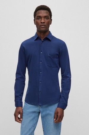 Camisas Hugo Boss Garment-dyed Slim-fit In Algodon Hombre Azules | 83601-ECMQ