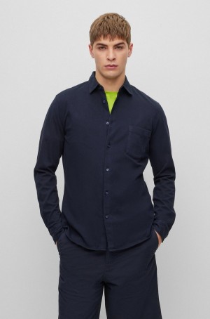 Camisas Hugo Boss Garment-dyed Slim-fit In Algodon Hombre Azules Oscuro | 08259-ZLXP
