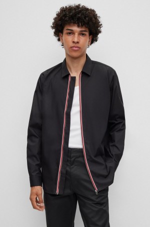 Camisas Hugo Boss Modern-fit Easy-iron Algodon With Zip Closure Hombre Negros | 80245-CNGV