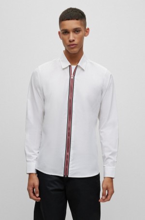 Camisas Hugo Boss Modern-fit Easy-iron Algodon With Zip Closure Hombre Blancos | 16830-DYAL