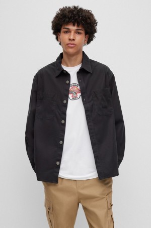 Camisas Hugo Boss Oversized-fit In Algodon Twill With Patch Pockets Hombre Negros | 78490-KFQA