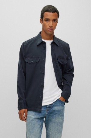 Camisas Hugo Boss Oversized-fit In Algodon Twill Hombre Azules Oscuro | 84956-JAZN