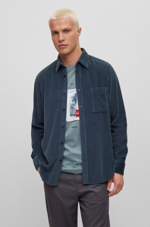 Camisas Hugo Boss Regular-fit In Algodon Corduroy Hombre Azules Azules Oscuro Turquesa | 95672-JVOW