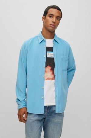 Camisas Hugo Boss Regular-fit In Algodon Corduroy Hombre Azules Claro | 27439-YQLT