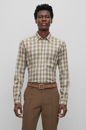 Camisas Hugo Boss Regular-fit In Checked Stretch Twill Hombre Verdes Claro | 30497-ARLM