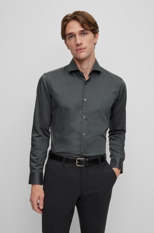 Camisas Hugo Boss Regular-fit In Easy-iron Stretch-cotton Twill Hombre Grises Oscuro | 63175-ATPI