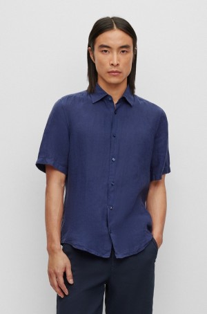 Camisas Hugo Boss Regular-fit In Linen Lona Hombre Azules Oscuro | 35782-LMJB