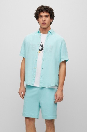 Camisas Hugo Boss Regular-fit In Linen Lona Hombre Azules Claro | 86379-HMZU