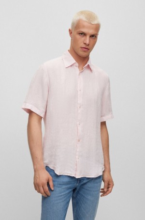 Camisas Hugo Boss Regular-fit In Linen Lona Hombre Rosas Claro | 23465-GVFH