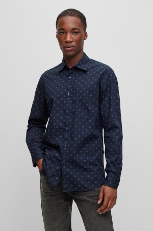 Camisas Hugo Boss Regular-fit In Printed Algodon Poplin Hombre Azules Oscuro | 29874-IDVA
