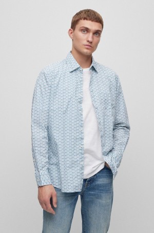 Camisas Hugo Boss Regular-fit In Printed Algodon Poplin Hombre Azules Claro | 13760-XEJM